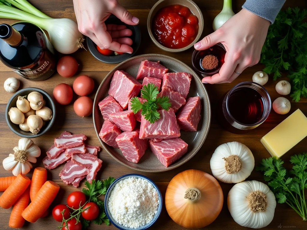 Ingredients for easy classic beef bourguignon