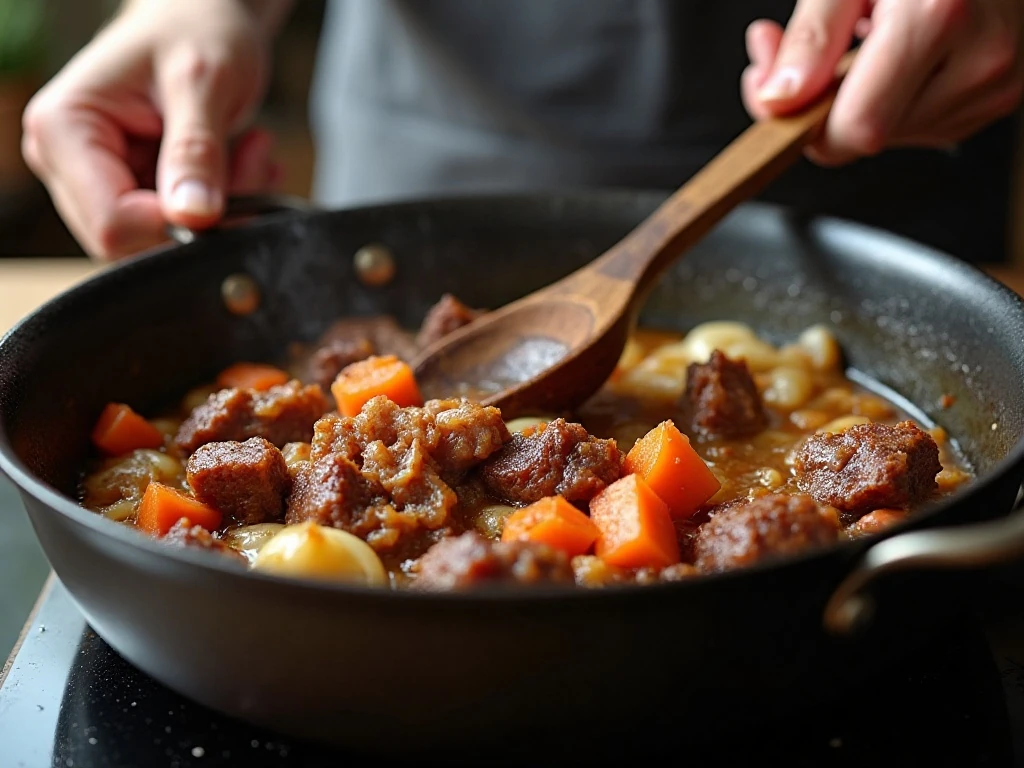 Browning beef and vegetables for beef bourguignon