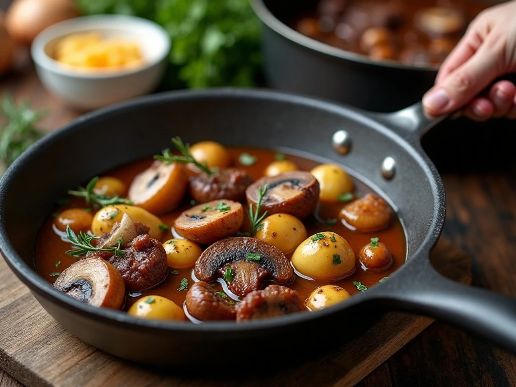 Browning mushrooms and pearl onions before adding them to the stew