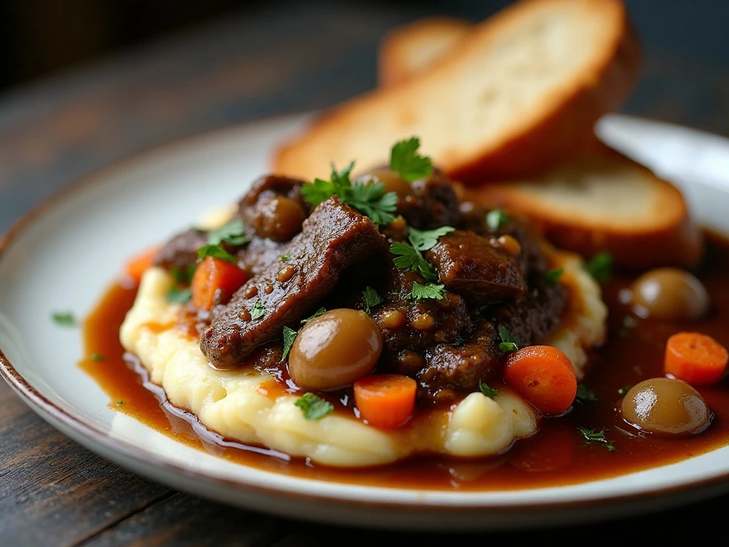 Beef bourguignon served over creamy mashed potatoes