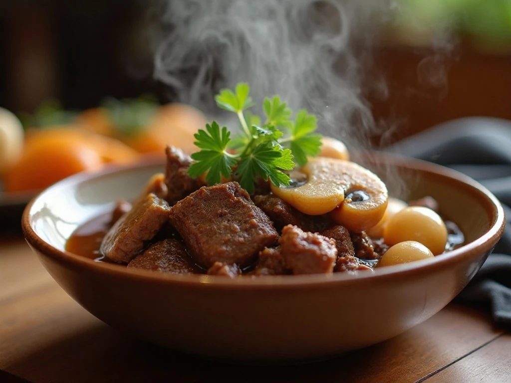 Reheated beef bourguignon with fresh parsley garnish