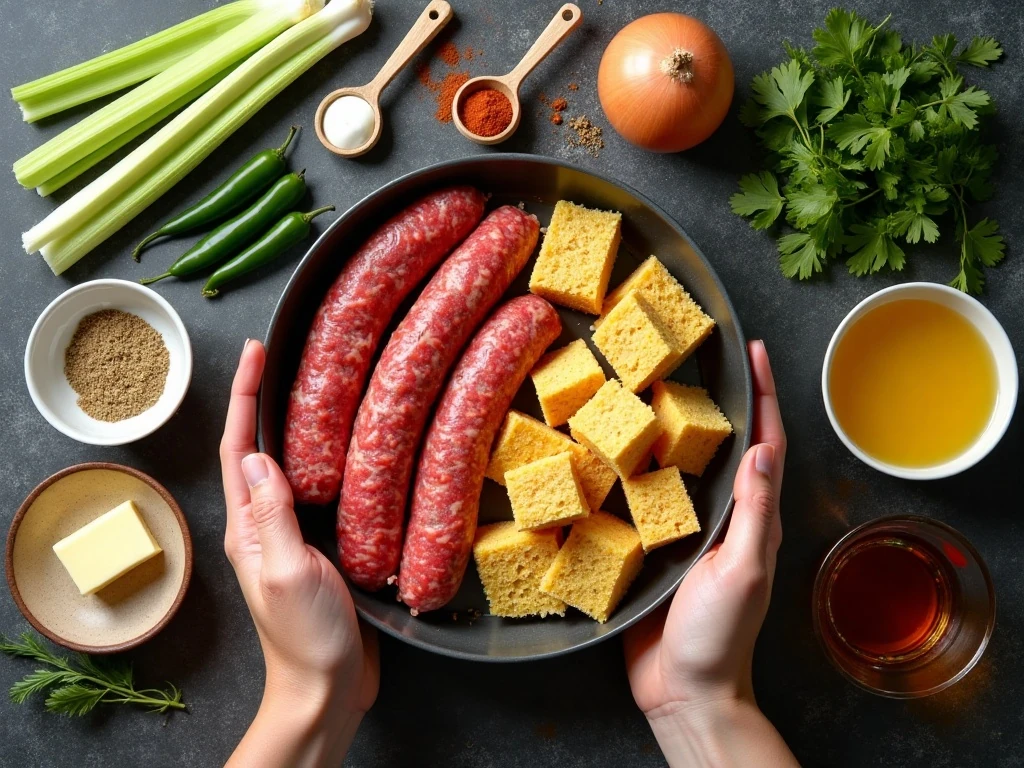 Ingredients for beef chorizo cornbread stuffing arranged on a kitchen counter
