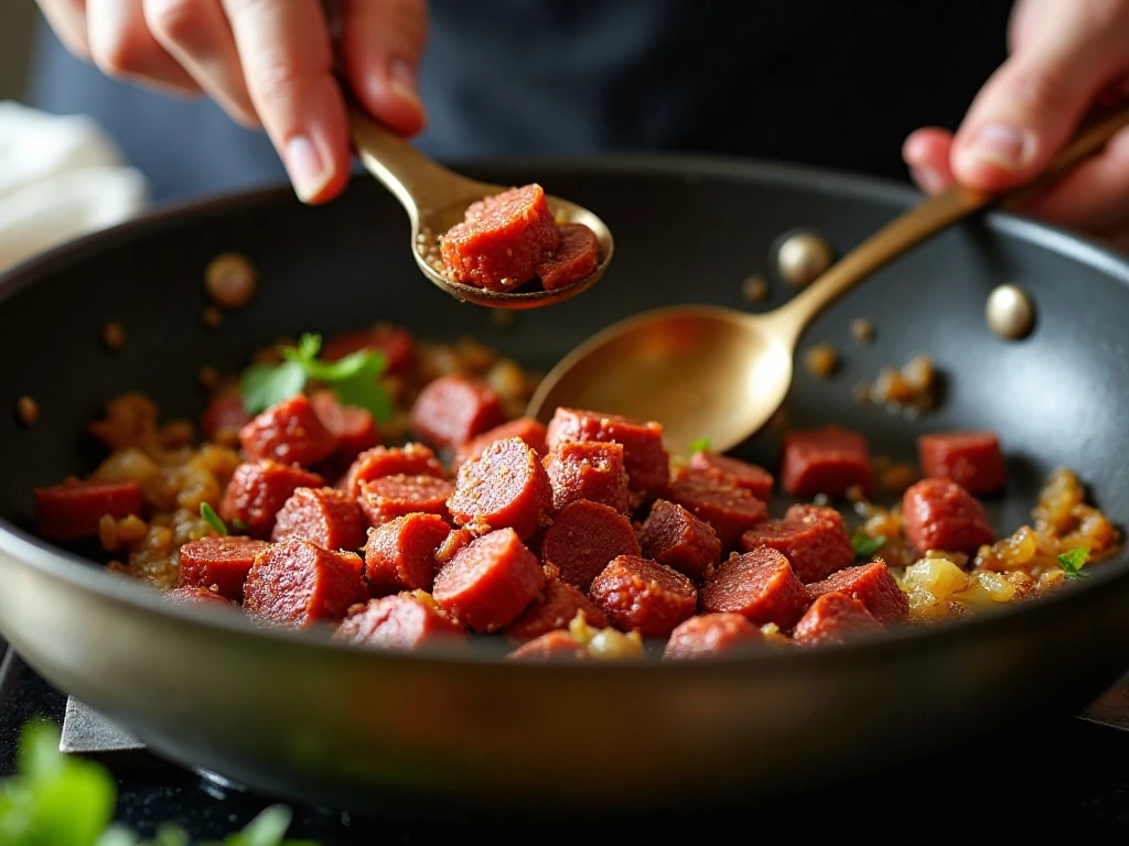 Beef chorizo cooking with onion, celery, garlic, and jalapeño in a skillet