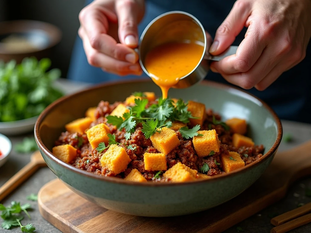 Dry cornbread cubes folded with beef chorizo and seasoned vegetables