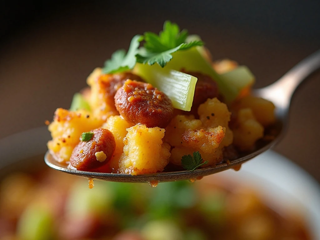 Close-up of moist beef chorizo stuffing with a crisp browned top