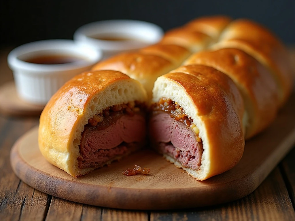 Sliced beef dip in a bread boat served with au jus