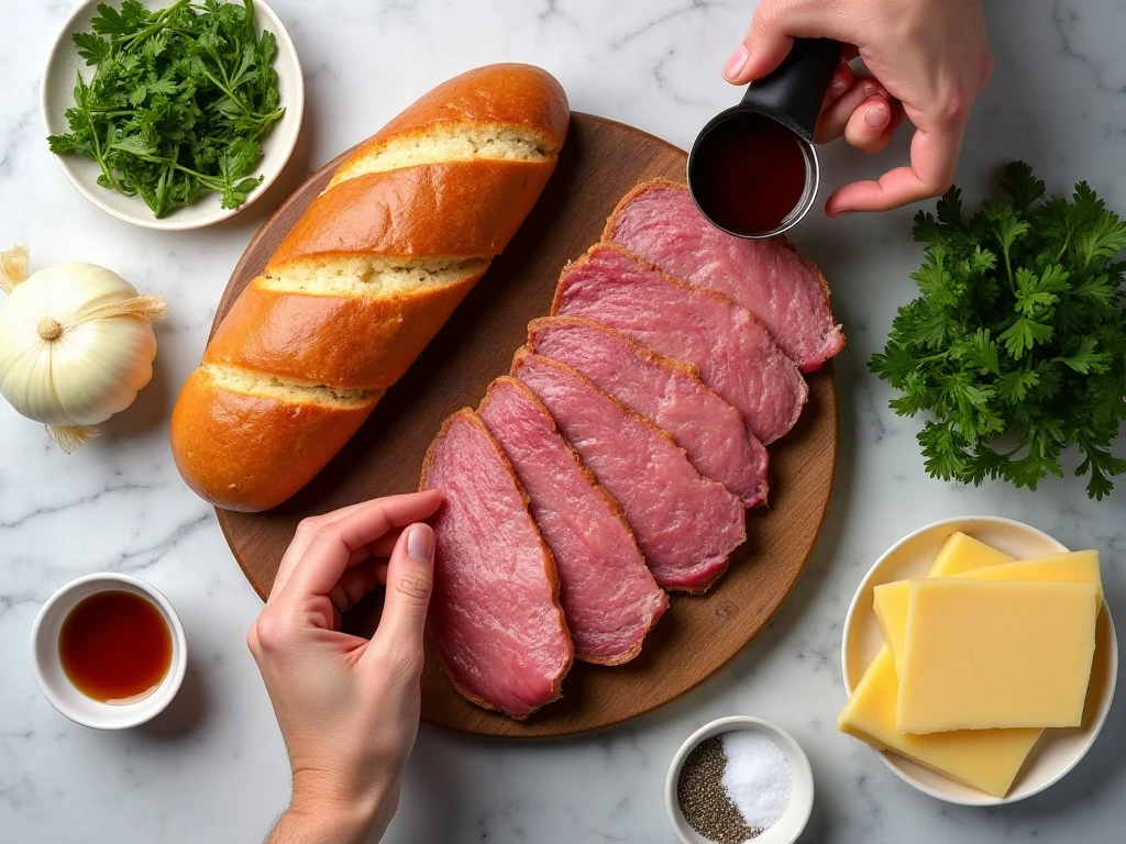 Ingredients for easy beef dip in a bread boat