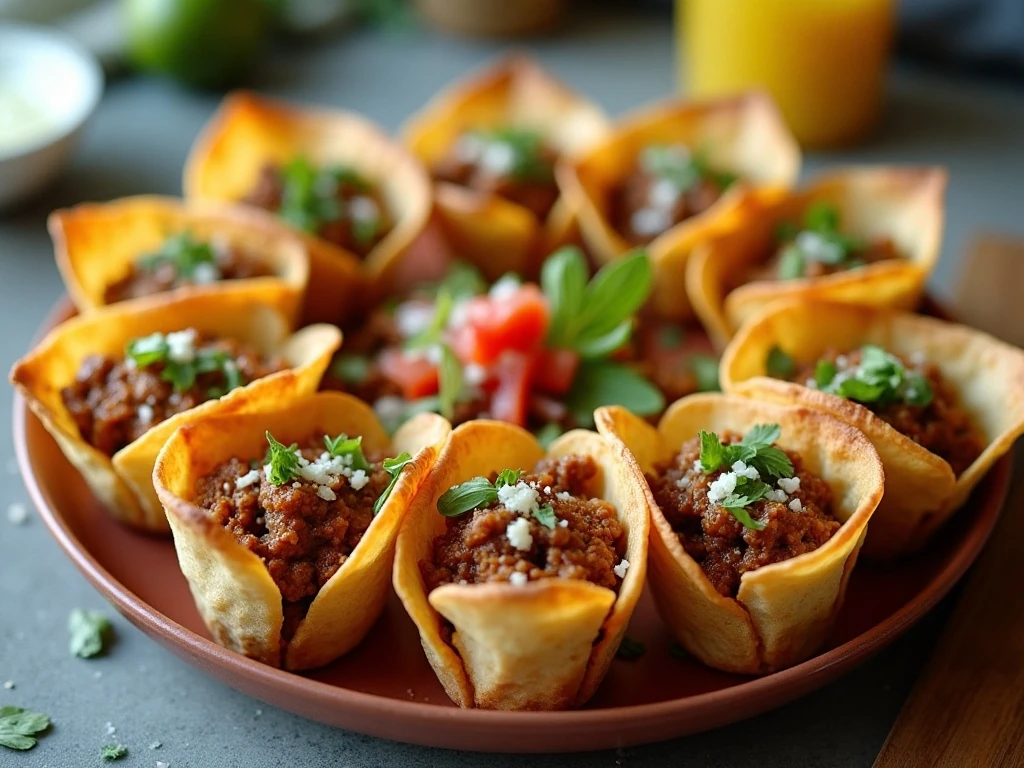 Muffin tin beef taco cups arranged on a platter with fresh toppings