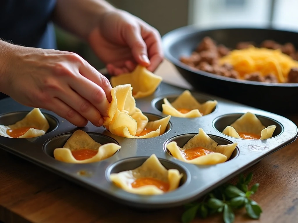 Preparing wonton wrappers in a muffin tin for beef taco cups