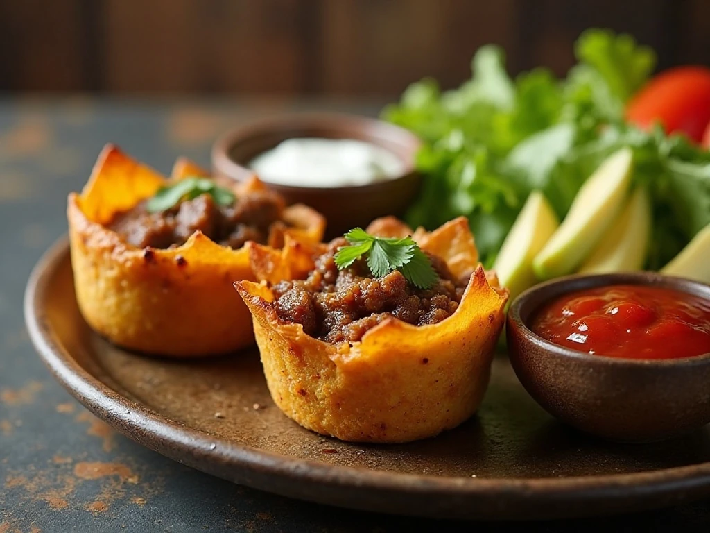 Finished beef taco cups served with assorted toppings