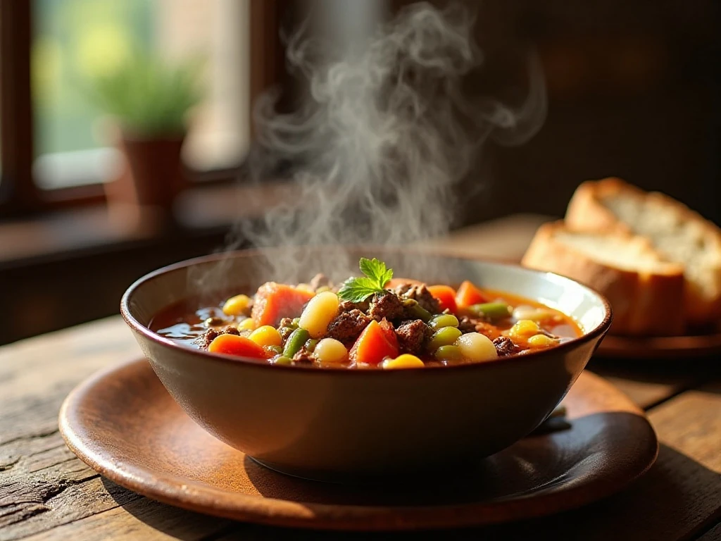 Hearty homemade beef vegetable soup served with crusty bread