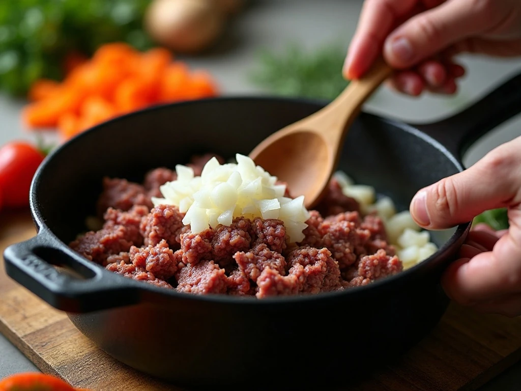 Ground beef and onion browning for vegetable soup