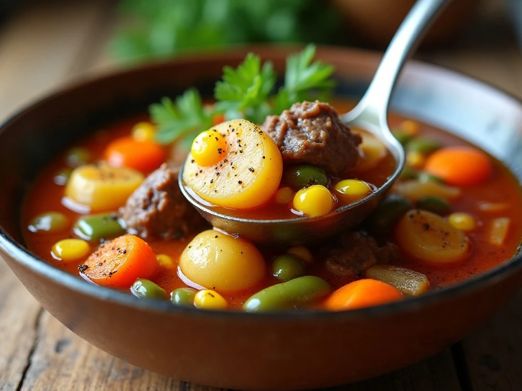 Close-up of beef vegetable soup with tender vegetables and garnish