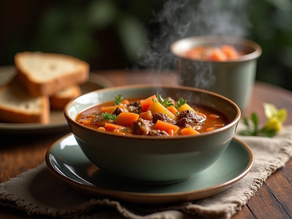 Beef vegetable soup served for a cozy dinner