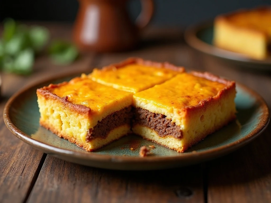 A golden square of beefy Mexican cornbread showing its seasoned beef and cheesy layers