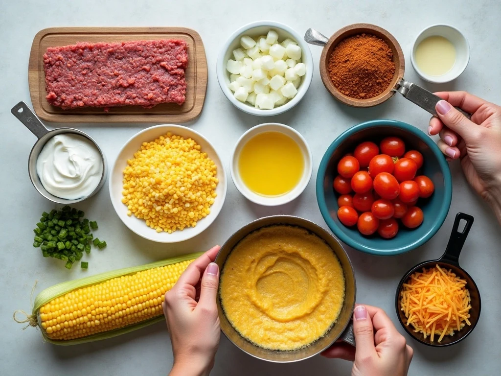 Ingredients arranged for an easy beefy Mexican cornbread recipe