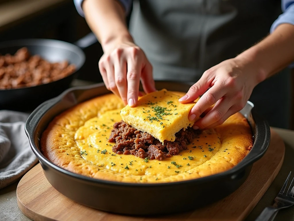 Layering cornbread batter and seasoned beef in a baking dish