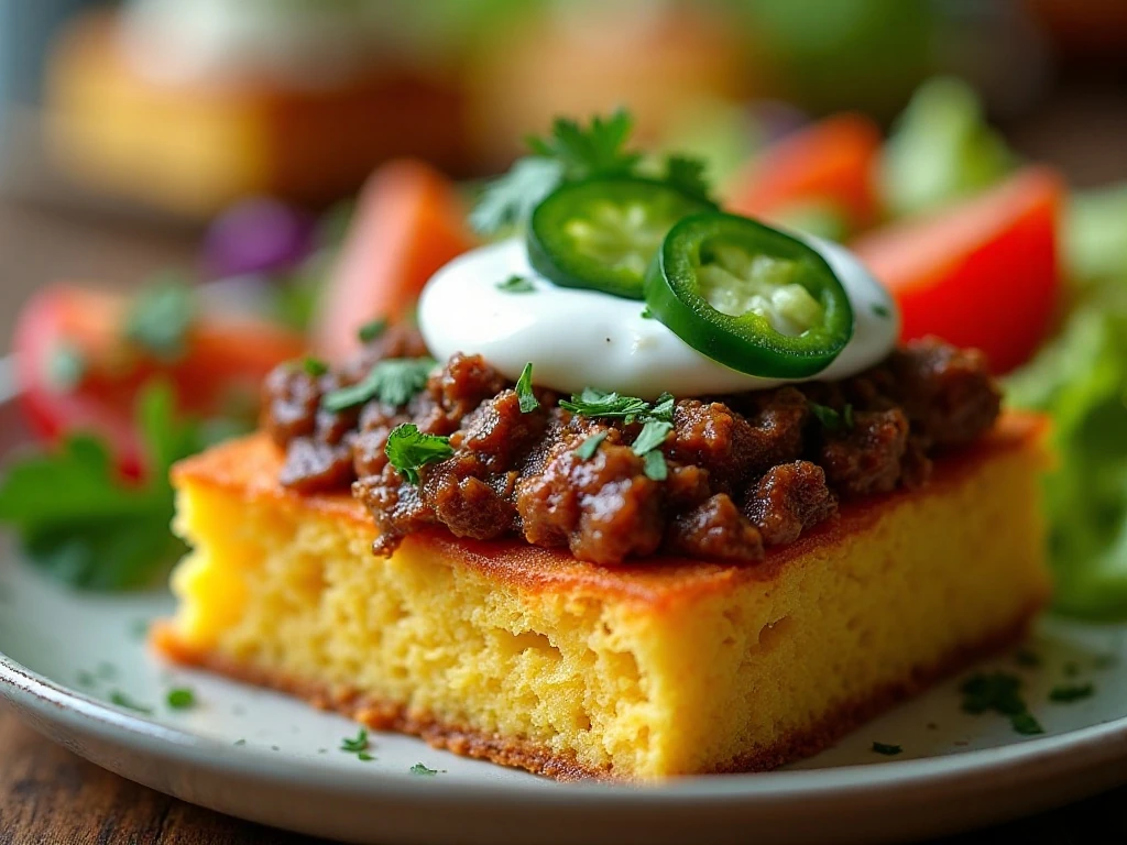 Beefy Mexican cornbread garnished with cilantro and jalapeños