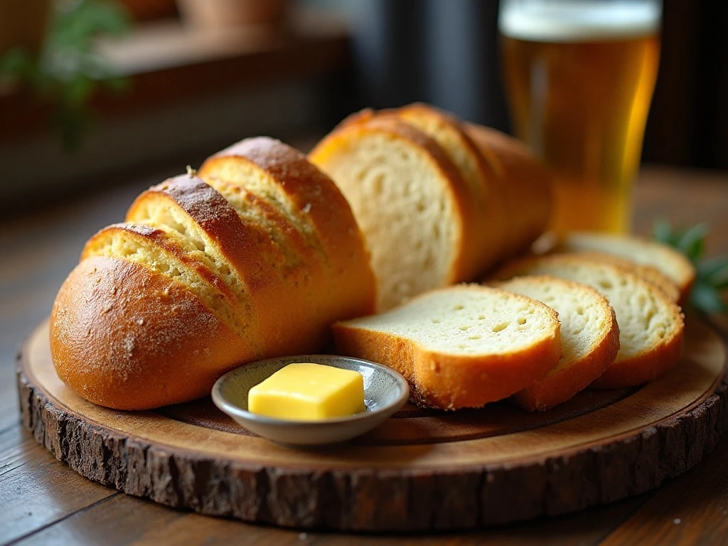 Golden homemade beer bread loaf with crisp crust and sliced interior