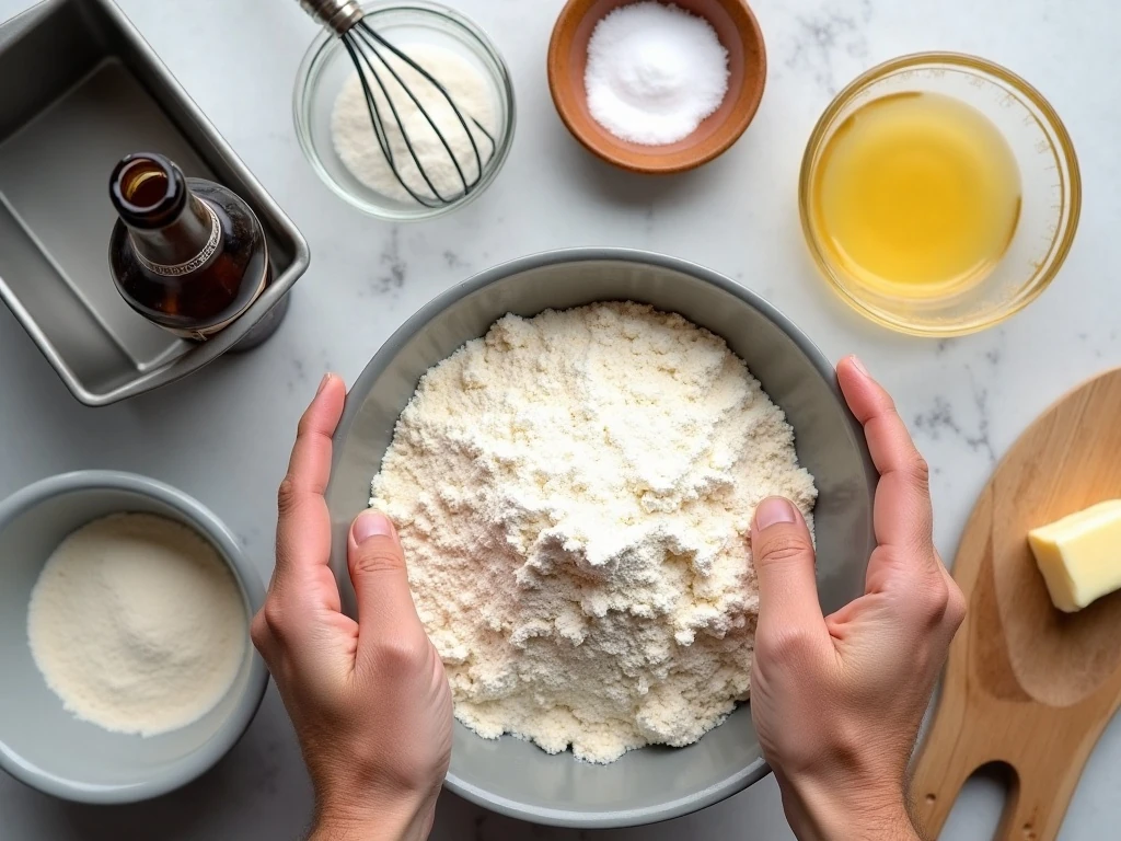Ingredients for an easy beer bread recipe arranged on a counter