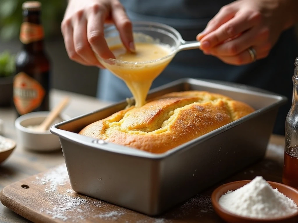 Thick beer bread batter being gently mixed before baking