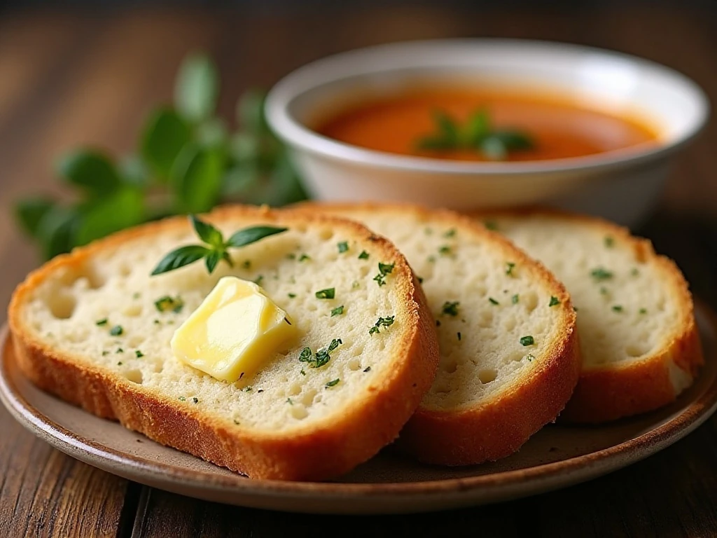 Slices of beer bread served with butter beside a bowl of soup