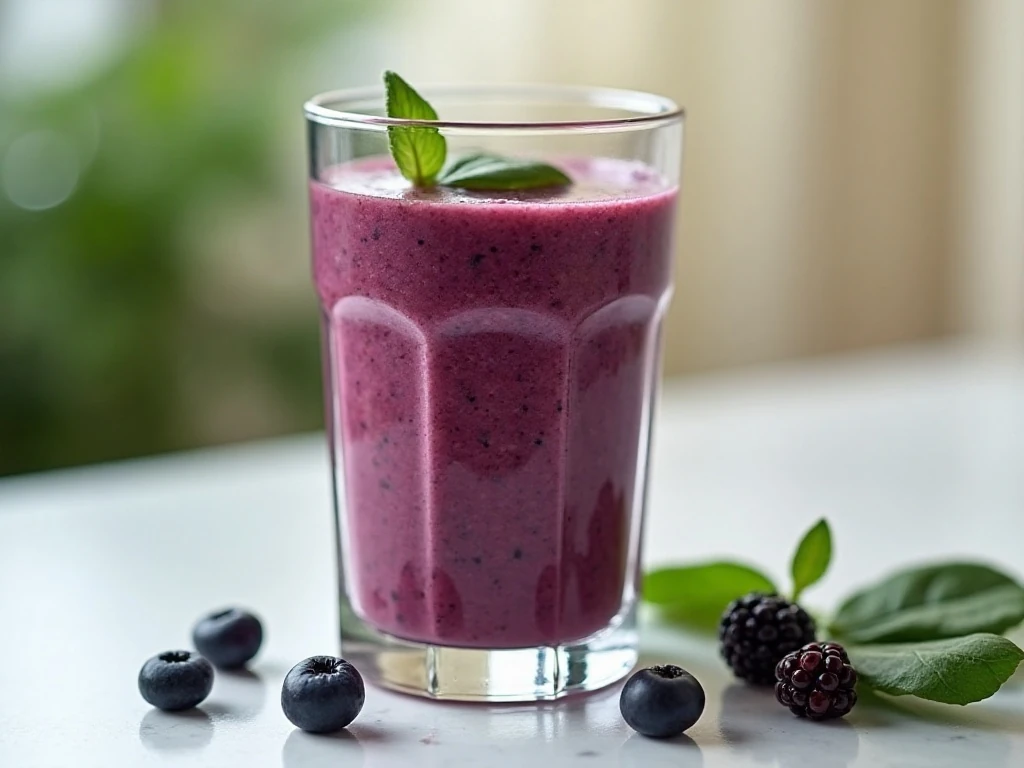 Healthy berry and spinach smoothie served in a glass