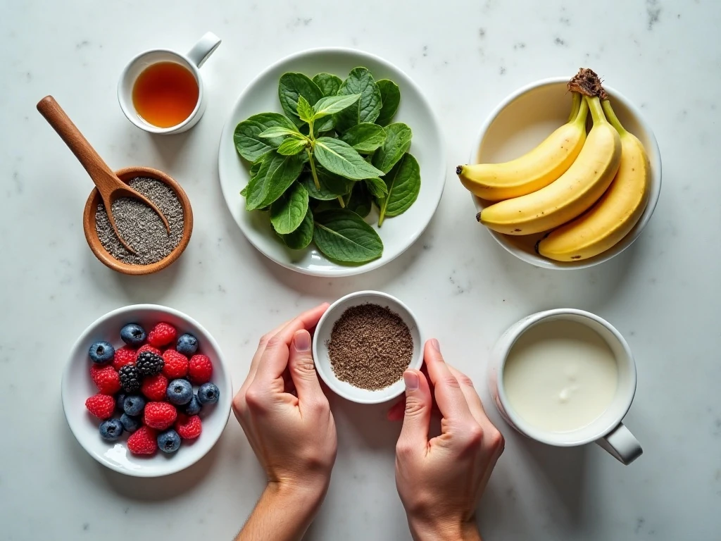 Ingredients for a healthy berry and spinach smoothie