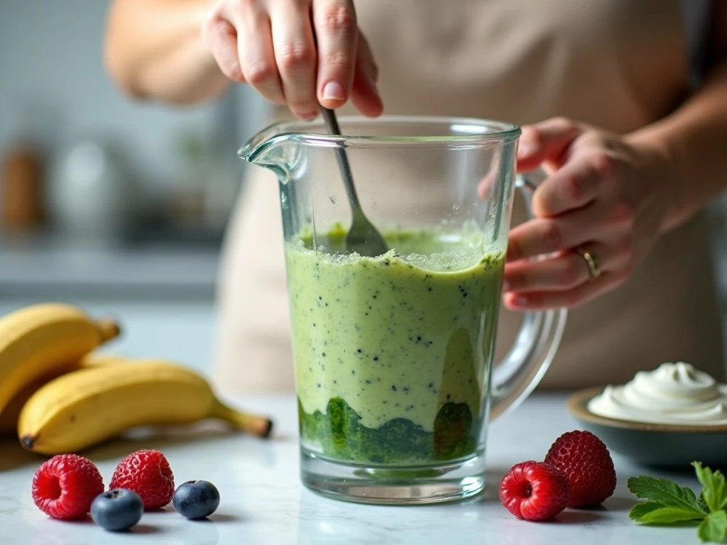 Blending spinach and milk for a berry smoothie