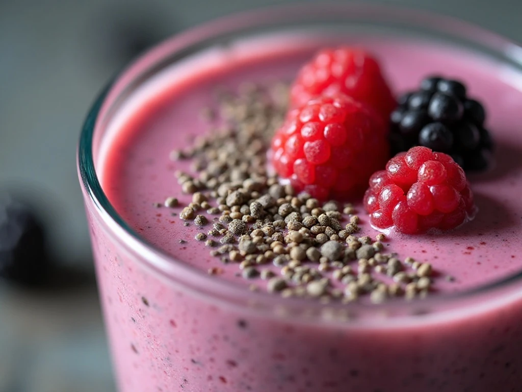 Thick berry smoothie with chia seed garnish