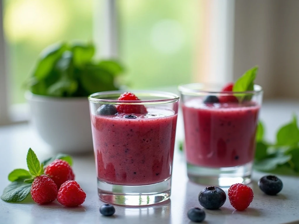 Two servings of berry and spinach smoothie for breakfast