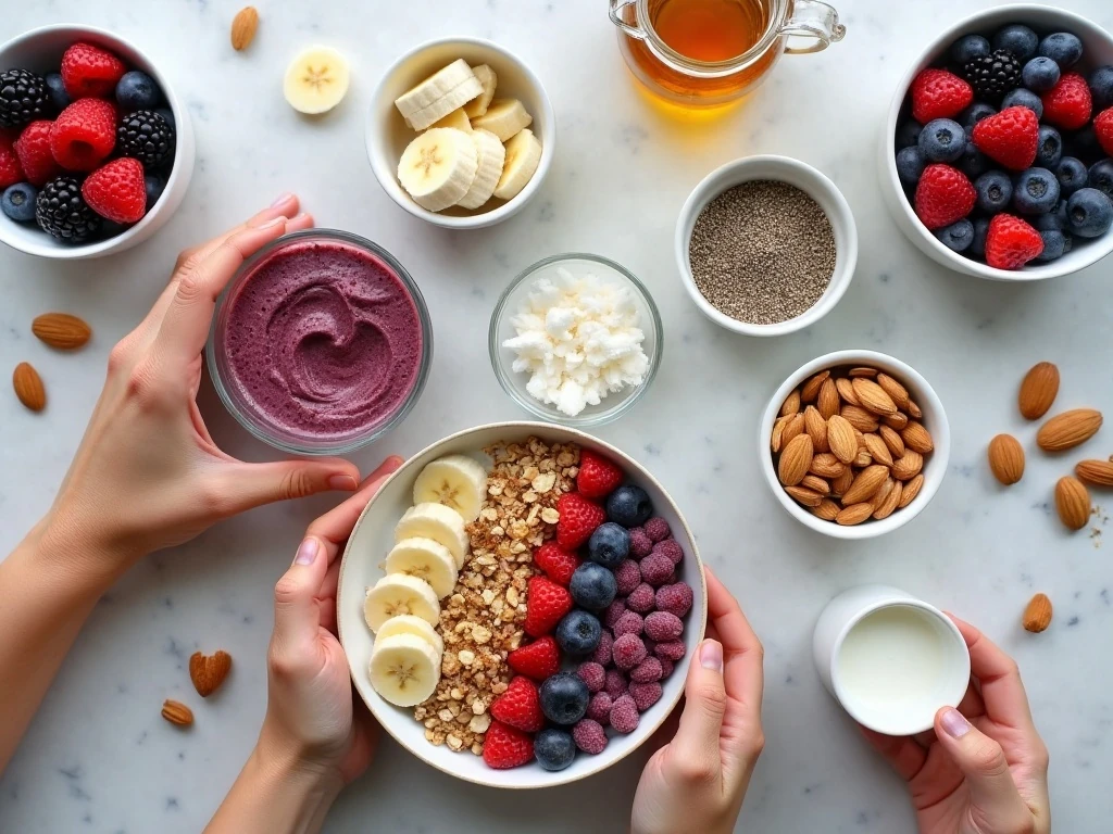 Ingredients for an easy berry breakfast smoothie bowl
