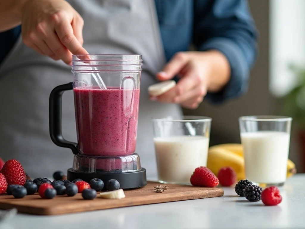 Blending frozen berries and banana for a thick smoothie bowl