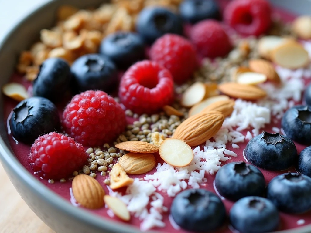 Granola, berries, coconut, nuts, and chia toppings on a smoothie bowl