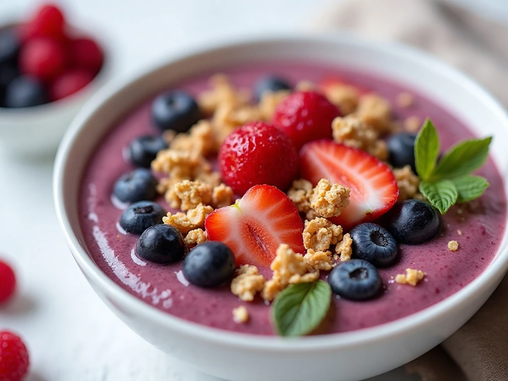 Freshly served berry smoothie bowl with crisp toppings