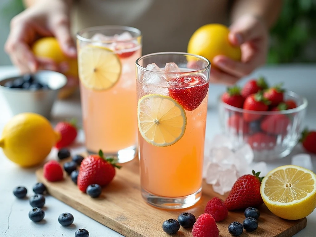 Ingredients for berry lemonade Prosecco punch arranged on a table