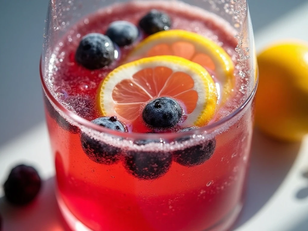 Frozen berries and lemon wheels chilling sparkling punch