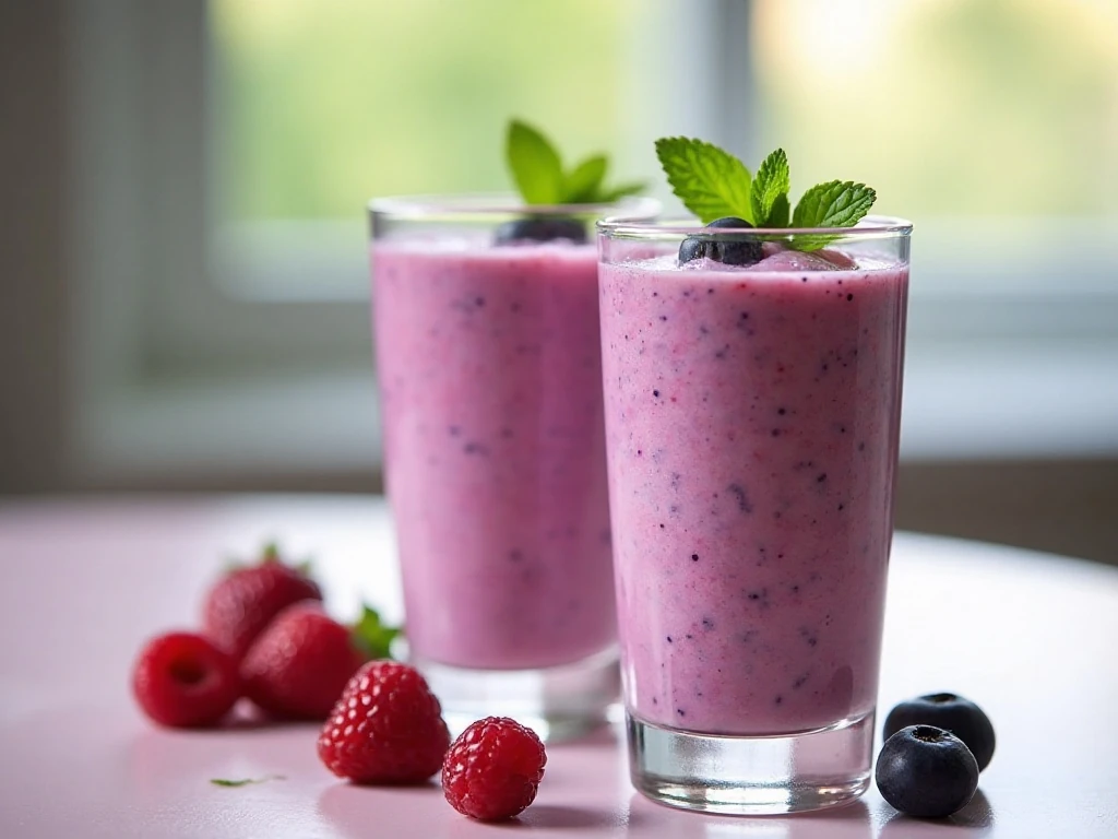 Two creamy berry mint yogurt smoothies ready to serve