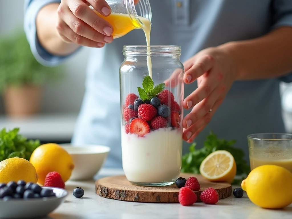 Adding berry smoothie ingredients to a blender