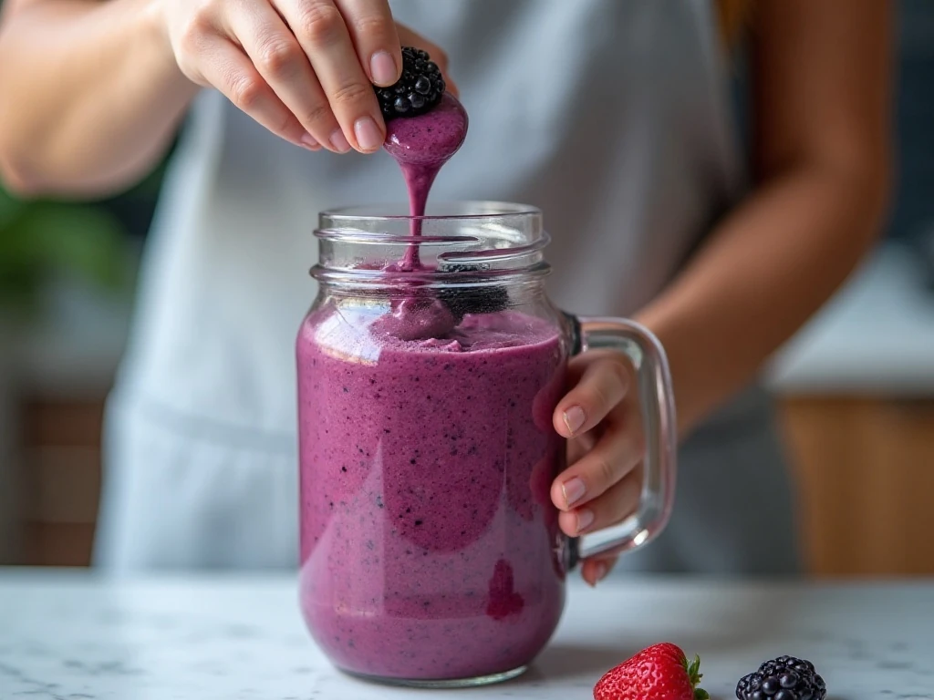 Blending frozen berries and yogurt for a thick smoothie