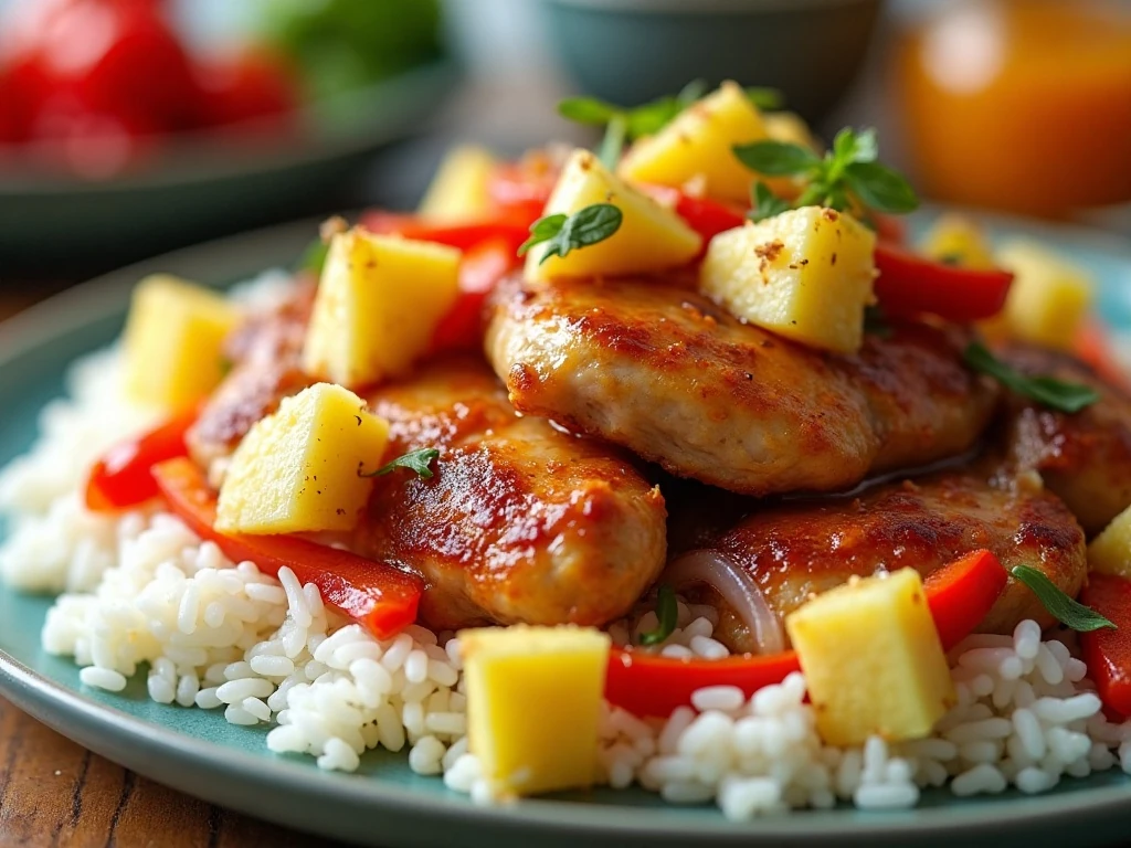 Baked Hawaiian chicken with pineapple, peppers, onion, and rice