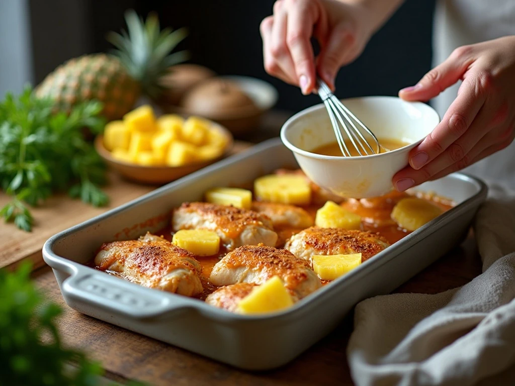 Preparing pineapple soy sauce and chicken for baking