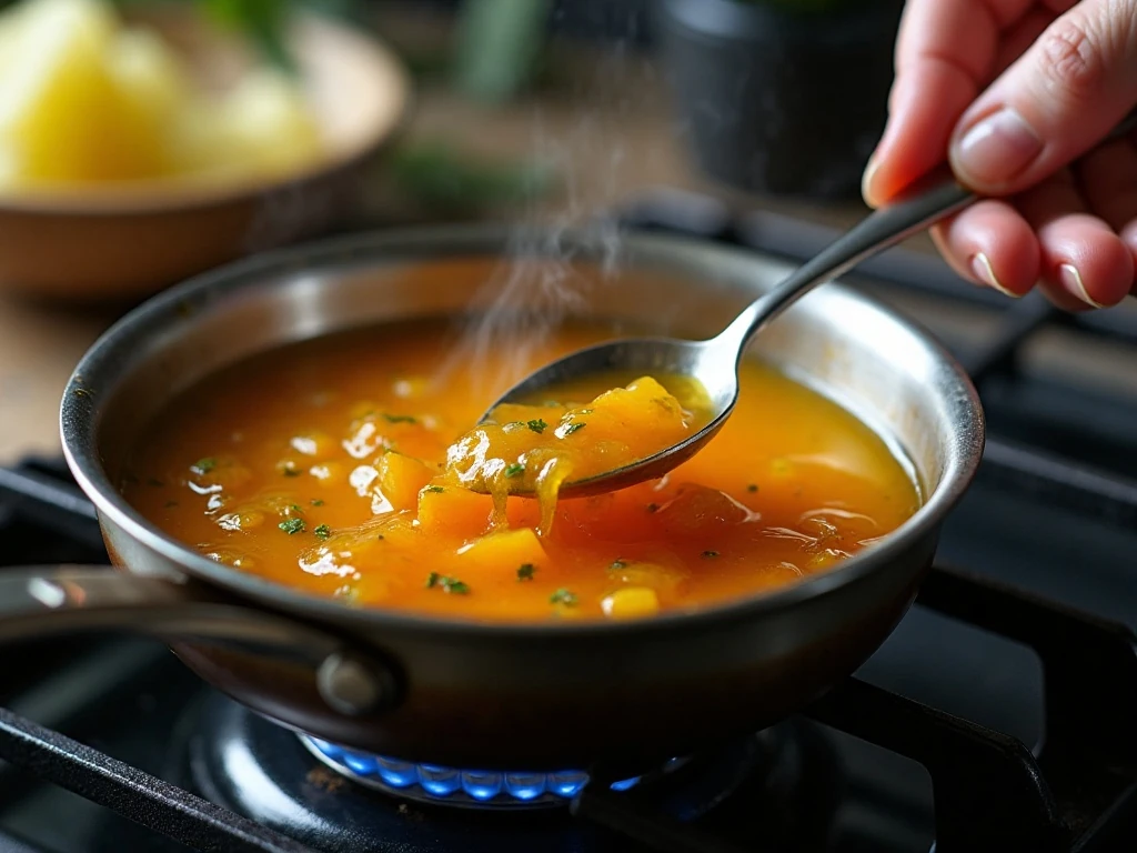Thickening the Hawaiian chicken glaze in a saucepan