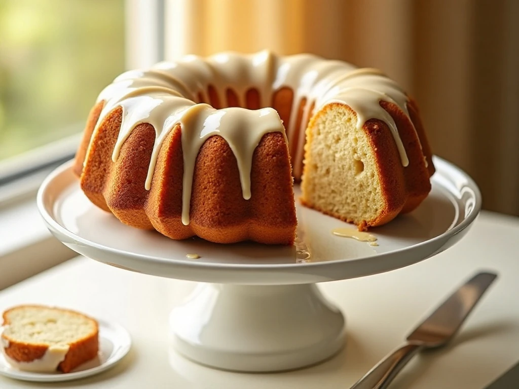 Moist banana Bundt cake with vanilla glaze on a cake stand