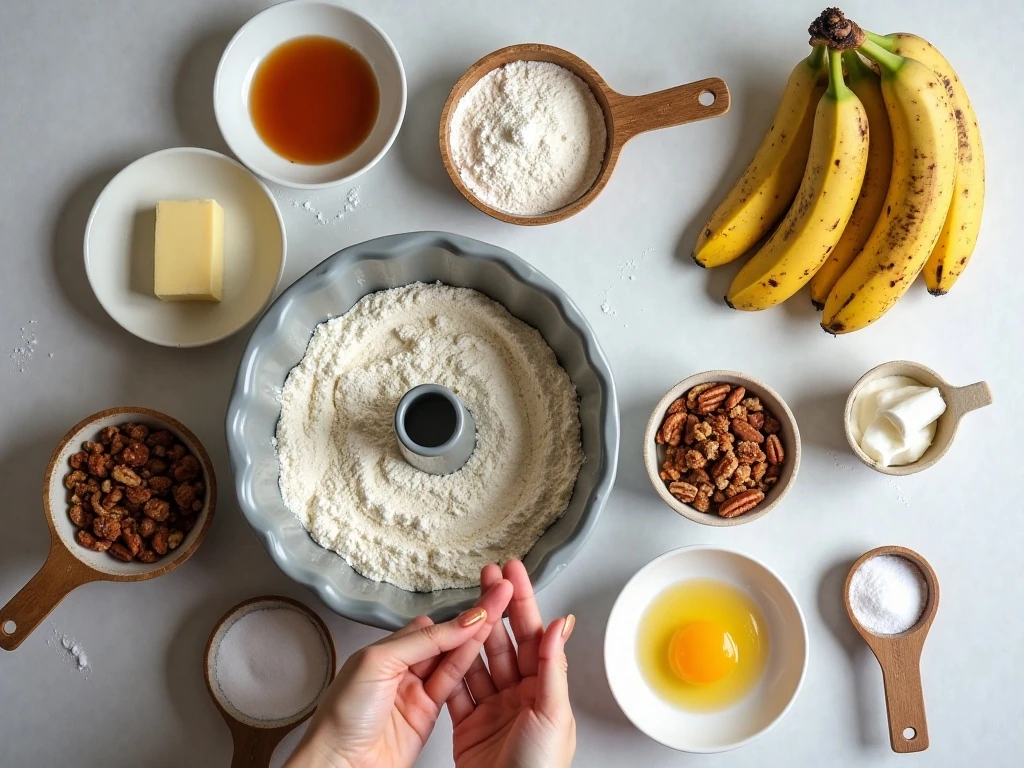 Ingredients for an easy moist banana Bundt cake