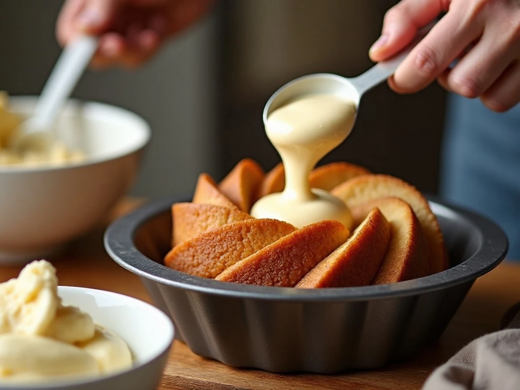 Banana Bundt cake batter being added to a prepared pan