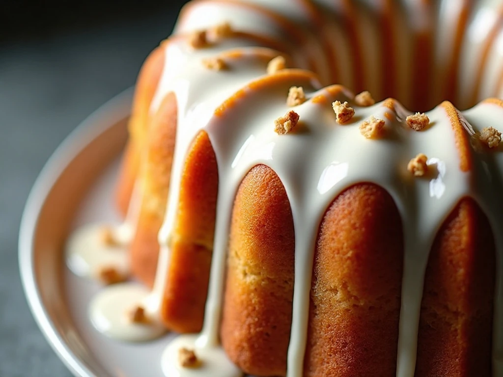 Vanilla glaze and pecans on banana Bundt cake