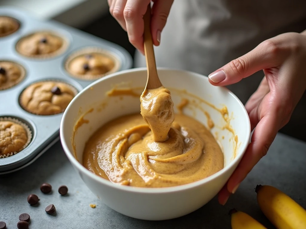 Gently mixing banana muffin batter before baking