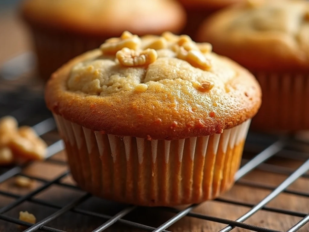 Close-up of a tender banana muffin with walnuts