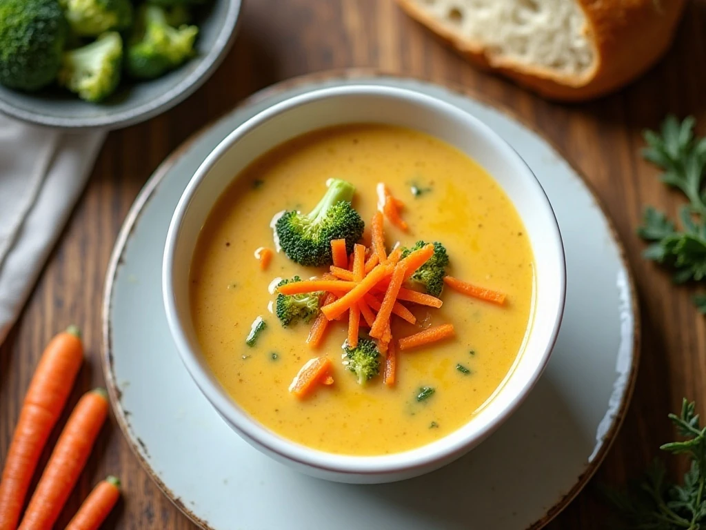 Creamy broccoli cheese soup served with crusty bread